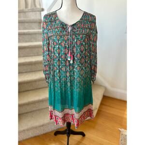Tanvi Kedia Green & Pink Boho Tassel Long Sleeve Shift Dress